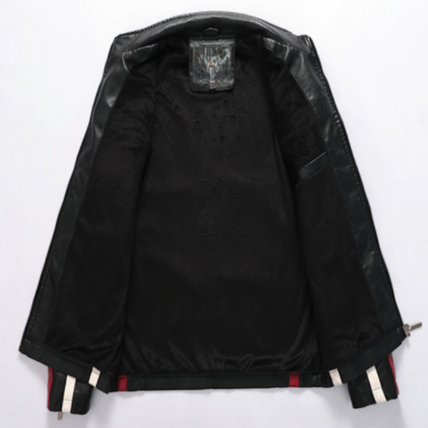Men’s Vegan Leather Biker Jacket with Badges Faux Fur Lined