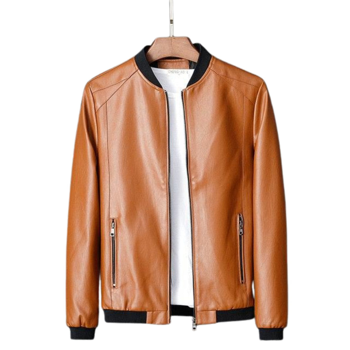 Stannis Men's Dark Orange Real Sheep Leather Jacket with Zipper Pockets.
