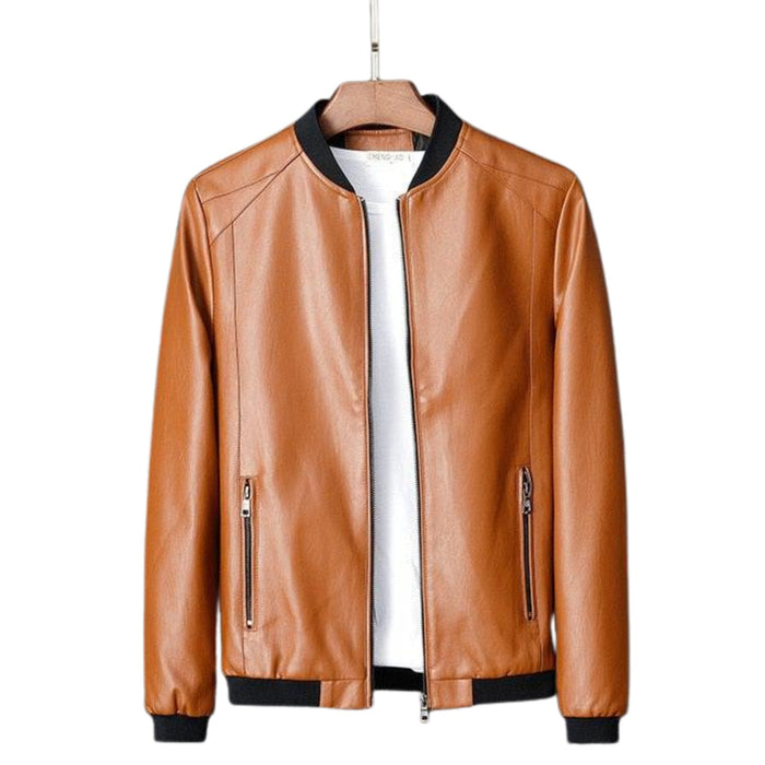Stannis Men's Dark Orange Real Sheep Leather Jacket with Zipper Pockets.