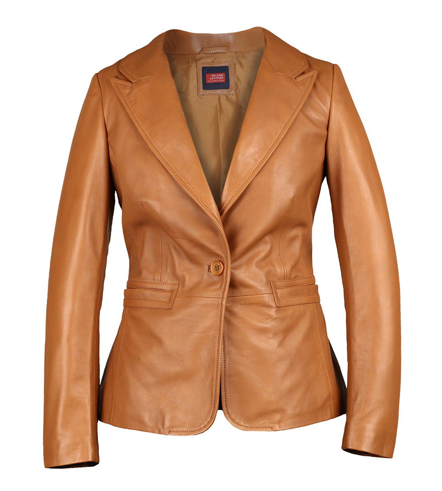 Women's Lambskin Genuine Leather Tan Jacket Blazer Casual Cognac Tan