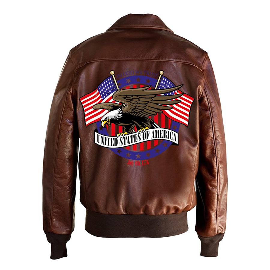 USA Bald Eagle Printed Bomber Genuine Leather Jacket