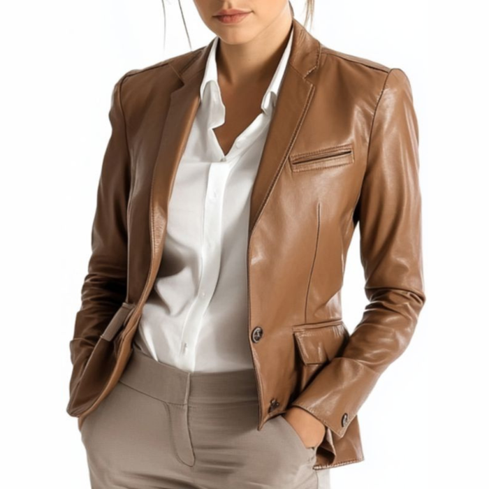 Jack Brown Leather Blazer – Elegant Leather Blazer for Women