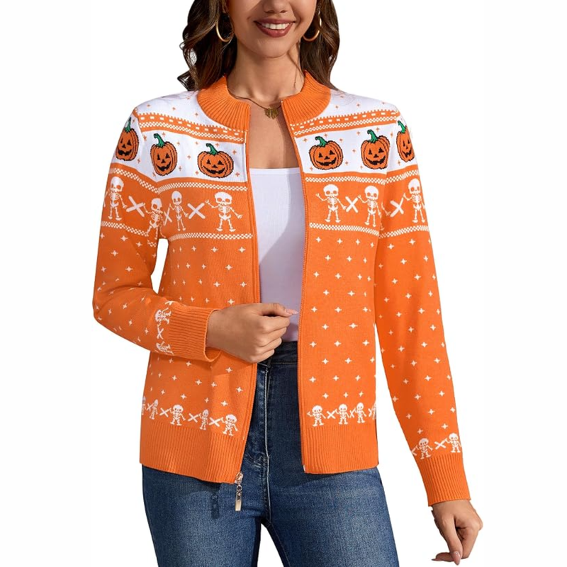 Women's Halloween Long Sleeve Knitted Zip-Up Cardigan Sweater