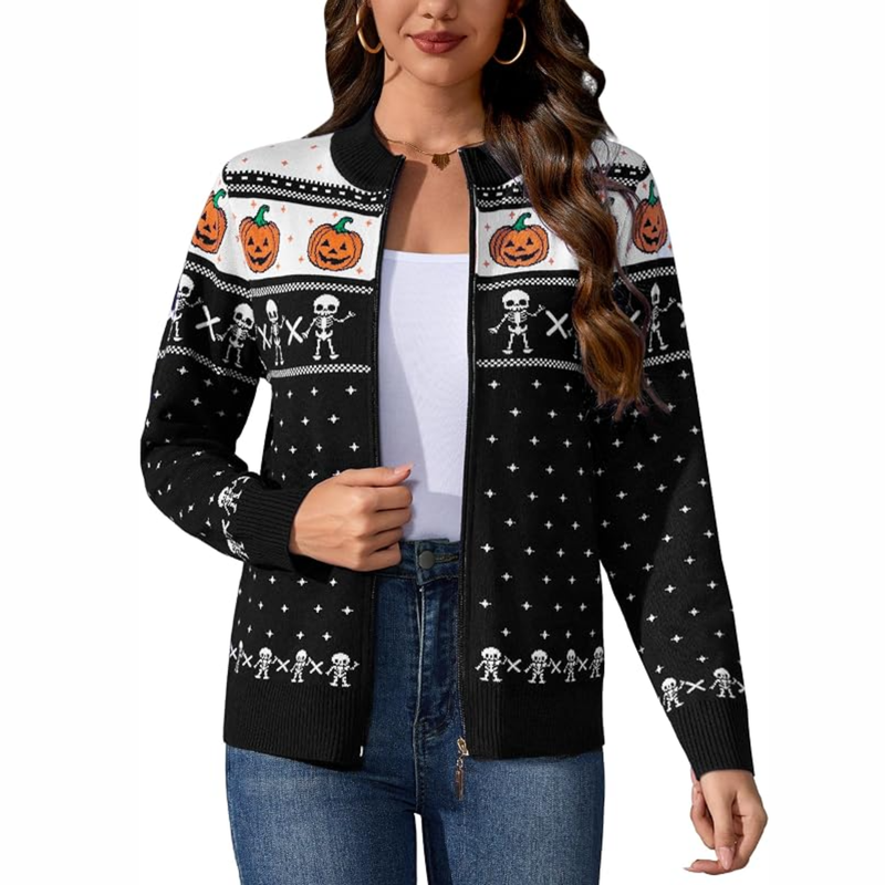 Women's Halloween Long Sleeve Knitted Zip-Up Cardigan Sweater