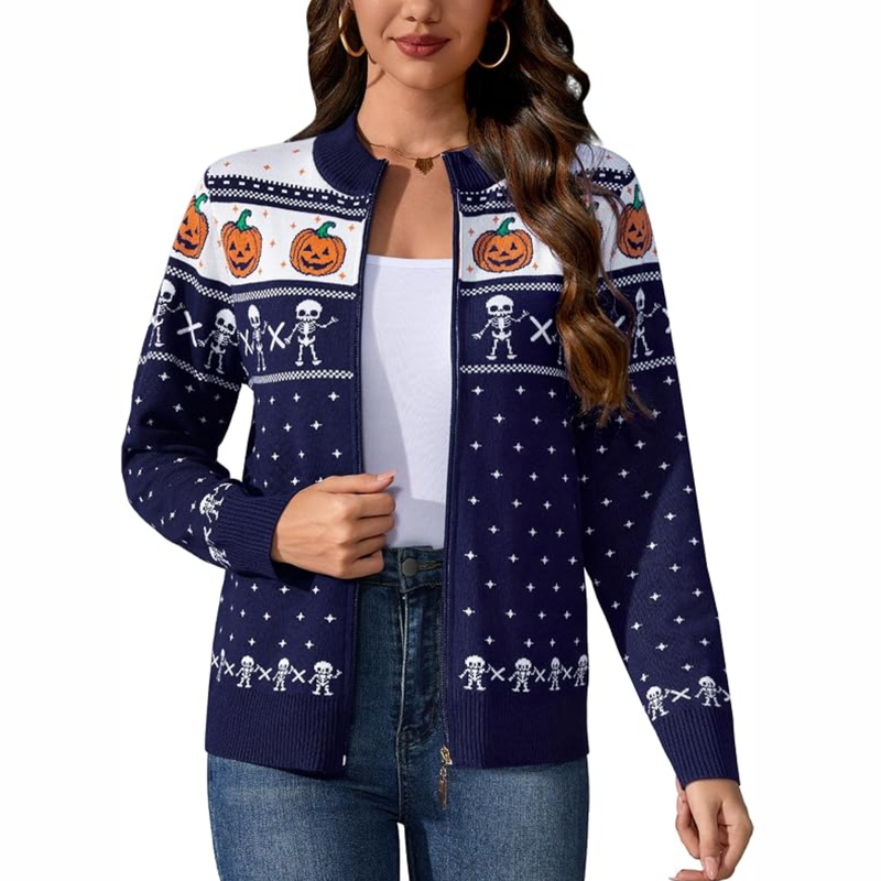 Women's Halloween Long Sleeve Knitted Zip-Up Cardigan Sweater