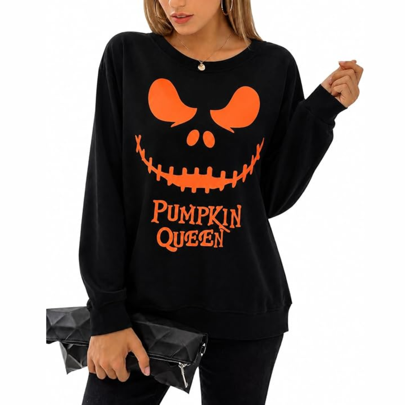Women's Halloween Queen Sweatshirt – Funny Pumpkin Face Long Sleeve Slouchy Pullover