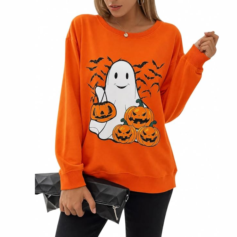Women's Halloween Queen Sweatshirt – Funny Pumpkin Face Long Sleeve Slouchy Pullover