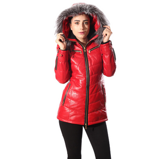 Monica Womens Real Silver Fox Fur Hooded Leather Jacket