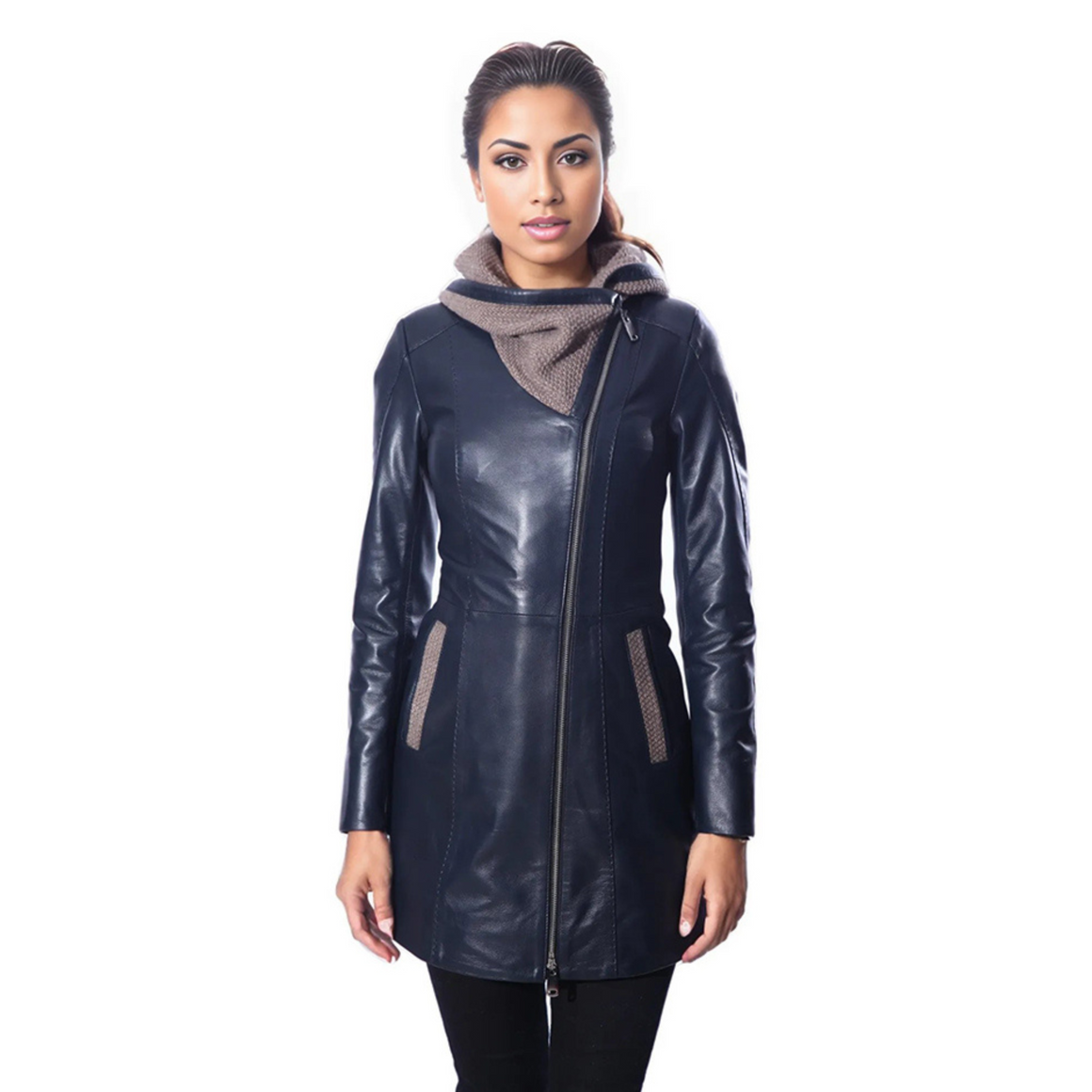 Janno Women’s Leather Jacket with Tricko Hoodie – Midnight Blue