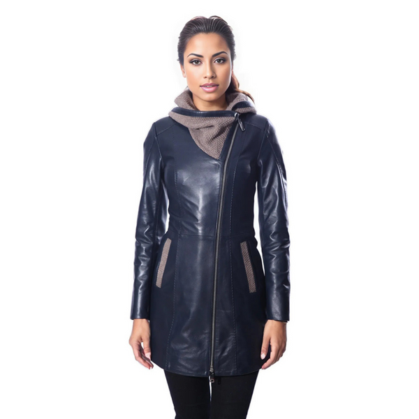 Janno Women’s Leather Jacket with Tricko Hoodie – Midnight Blue