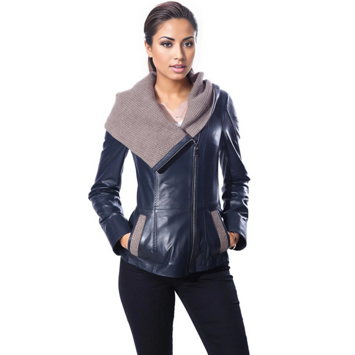 Janno Women’s Leather Jacket with Tricko Hoodie – Midnight Blue