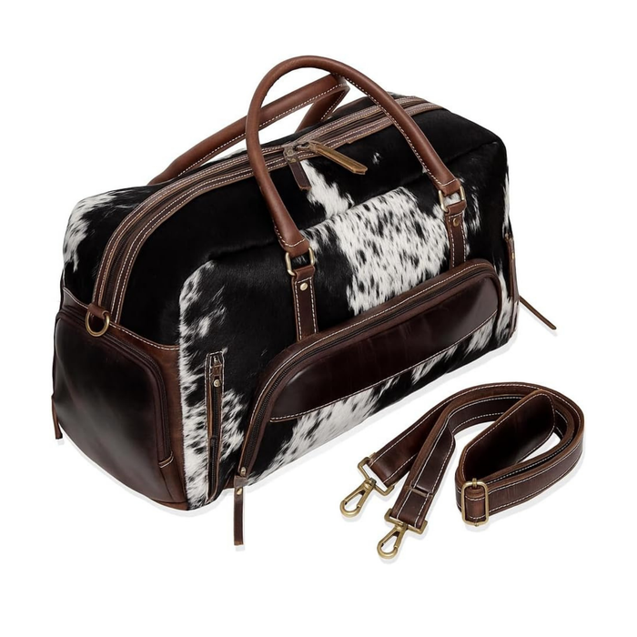 Full Grain Buffalo Leather Duffle Bag – 24" Vintage Brown Cowhide Leather Duffel Bag 22" – Brown & White Hair-On-Hide Travel WeekenderWeekender (Copy)