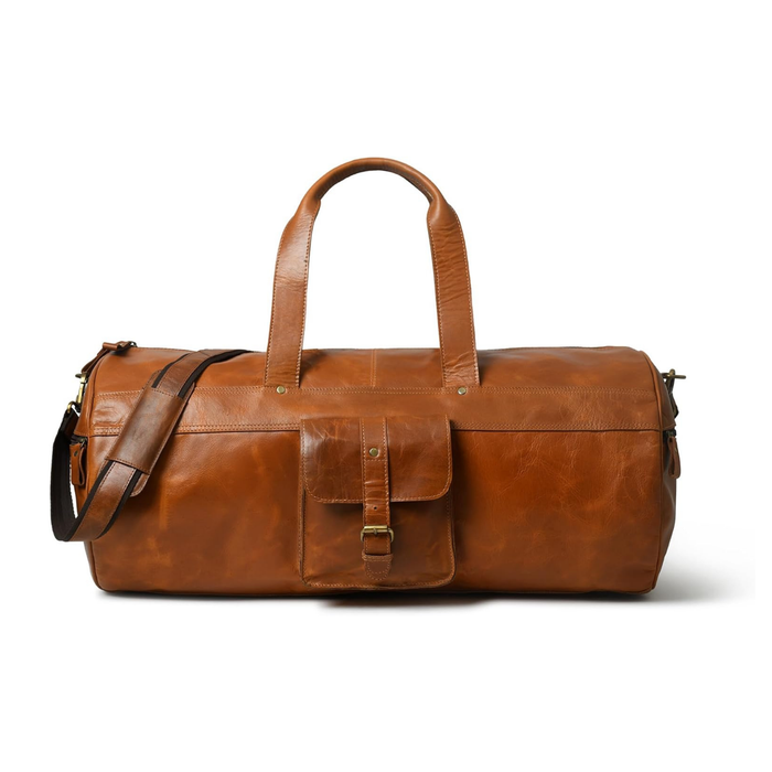 Full Grain Buffalo Leather Duffle Bag – 24" Vintage Brown Travel Weekender