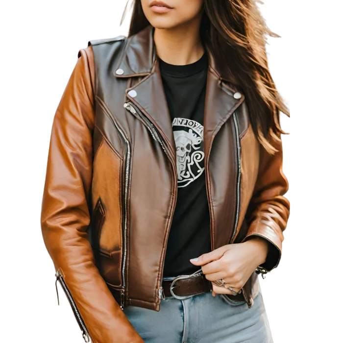 Dark Brown Biker Racer Leather Jacket for Women