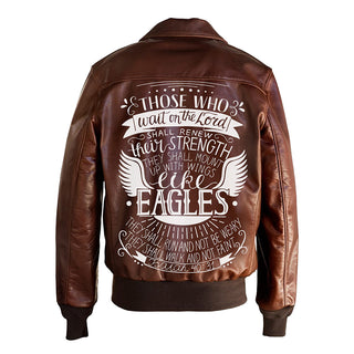 Wait On The Lord Printed Bomber Genuine Leather Jacket
