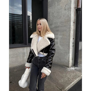 Gracie Women’s Short Faux Fur Lined Sheepskin Leather Jacket Black