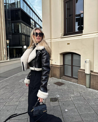 Gracie Women’s Short Faux Fur Lined Sheepskin Leather Jacket Black