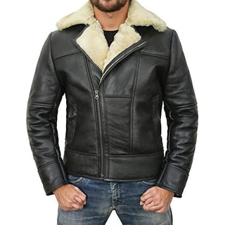 Ellis Men's Lambskin Leather Faux Fur Lined Aviator Jacket Black