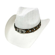 Steer Head Faux Leather Band Straw Cowboy Hat