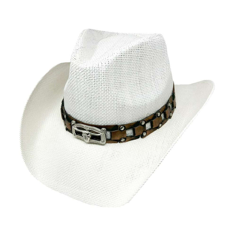Steer Head Faux Leather Band Straw Cowboy Hat