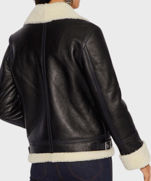 Women's Black B3 Aviator Ivory Shearling Leather Jacket