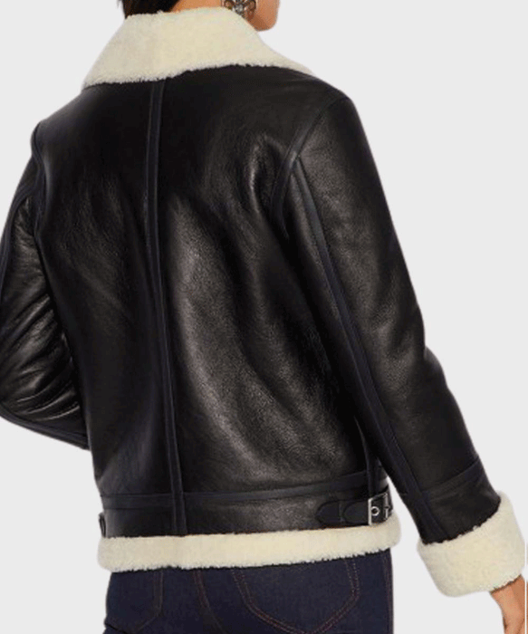 Women's Black B3 Aviator Ivory Shearling Leather Jacket