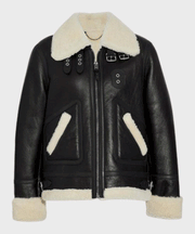 Women's Black B3 Aviator Ivory Shearling Leather Jacket