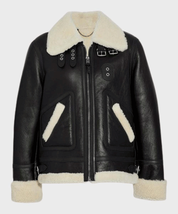 Women's Black B3 Aviator Ivory Shearling Leather Jacket