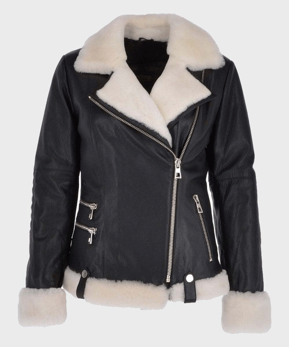 Women’s Black Motorcycle Shearling Leather Jacket