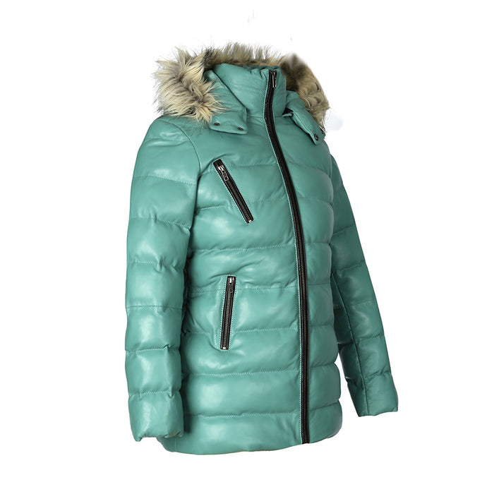 Women’s Selina Cyan Puffer Leather Jacket with Fur Hoodie