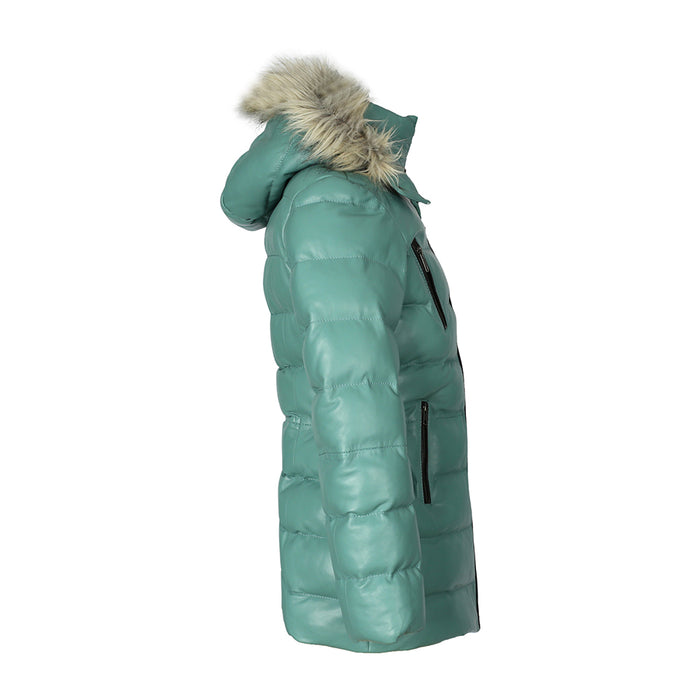Women’s Selina Cyan Puffer Leather Jacket with Fur Hoodie