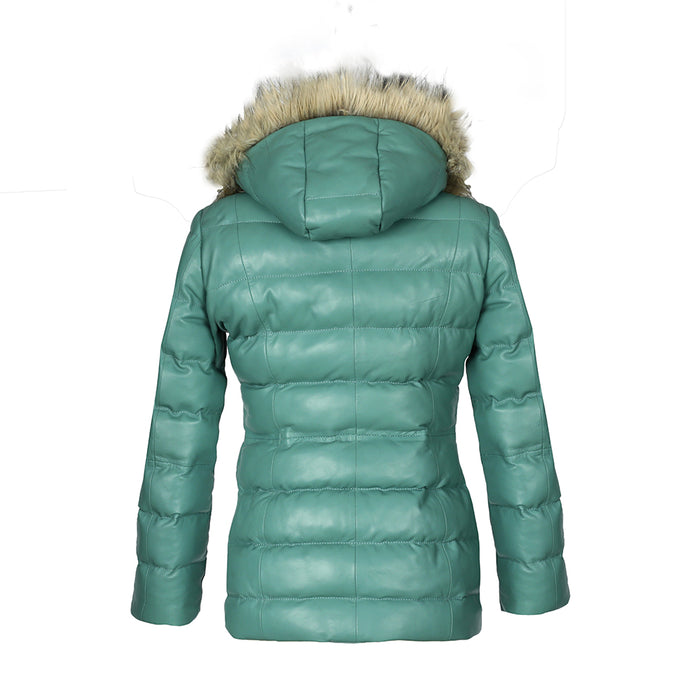 Women’s Selina Cyan Puffer Leather Jacket with Fur Hoodie