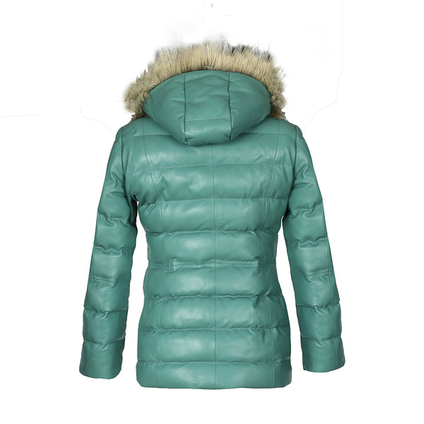 Women’s Selina Cyan Puffer Leather Jacket with Fur Hoodie