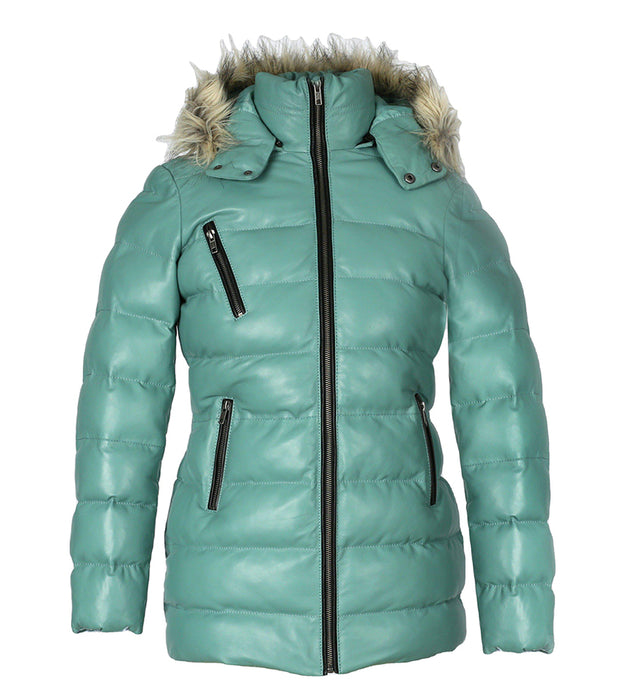 Women’s Selina Cyan Puffer Leather Jacket with Fur Hoodie