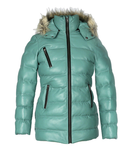 Women’s Selina Cyan Puffer Leather Jacket with Fur Hoodie
