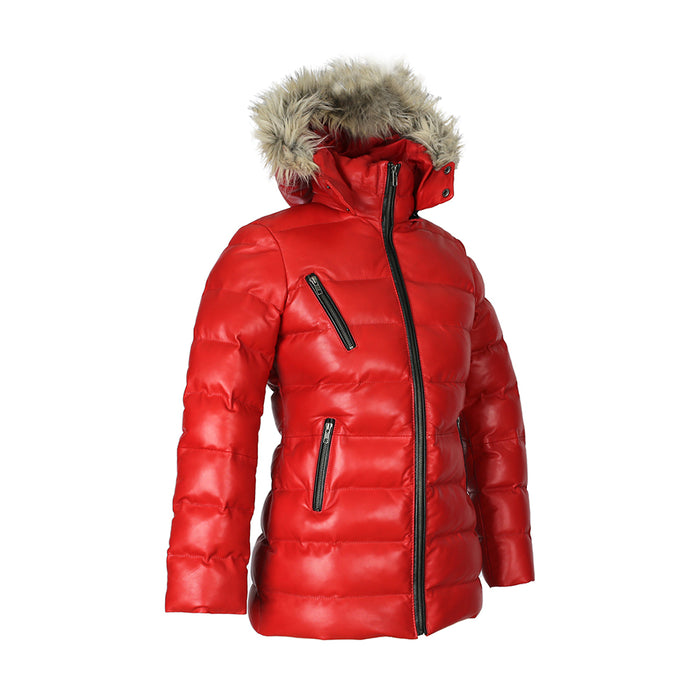 Selina Deep Lipstick Red Sheepskin Leather Puffer Jacket