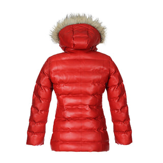 Womens Selina Puffer Leather Jacket with Fur Hoodie (Red)