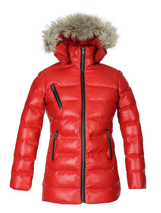 Womens Selina Puffer Leather Jacket with Fur Hoodie (Red)