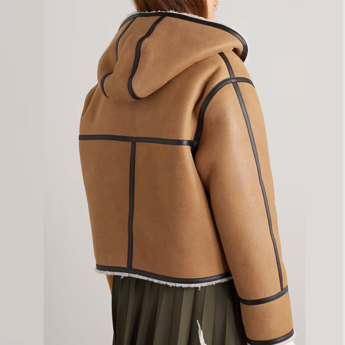 Women RAF B3 Hooded Leather-Trimmed Sheepskin Shearling Bomber Leather Jacket