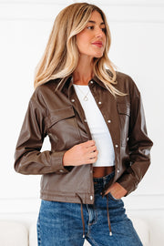 Faux Leather Drawstring Hem Jacket Women Utility Pocket Relaxed Fit