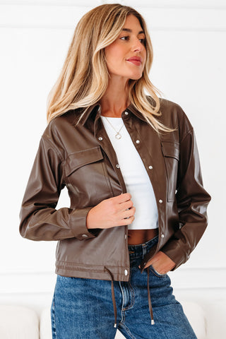 Faux Leather Drawstring Hem Jacket Women Utility Pocket Relaxed Fit