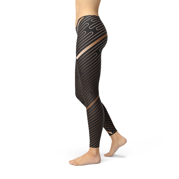 Women’s Brown Striped Sports Leggings High Waisted Workout Yoga Pants
