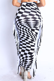 Checkered High Waist Bodycon Maxi Skirt 🖤✨ Fringe Pencil Style