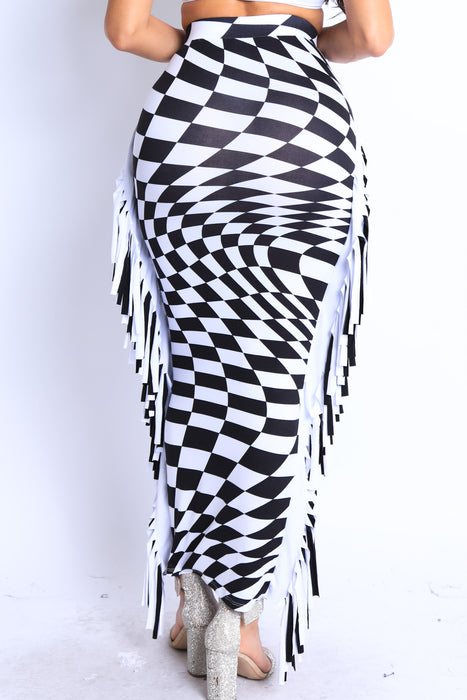 Checkered High Waist Bodycon Maxi Skirt 🖤✨ Fringe Pencil Style