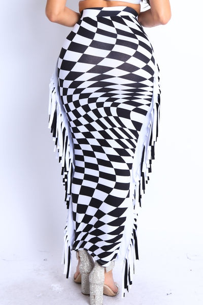 Checkered High Waist Bodycon Maxi Skirt 🖤✨ Fringe Pencil Style