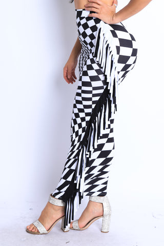 Checkered High Waist Bodycon Maxi Skirt 🖤✨ Fringe Pencil Style