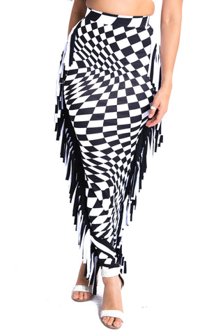 Checkered High Waist Bodycon Maxi Skirt 🖤✨ Fringe Pencil Style