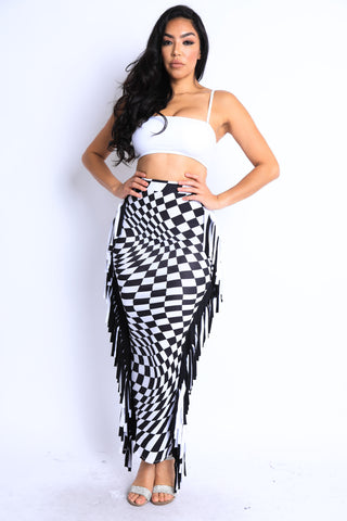 Checkered High Waist Bodycon Maxi Skirt 🖤✨ Fringe Pencil Style