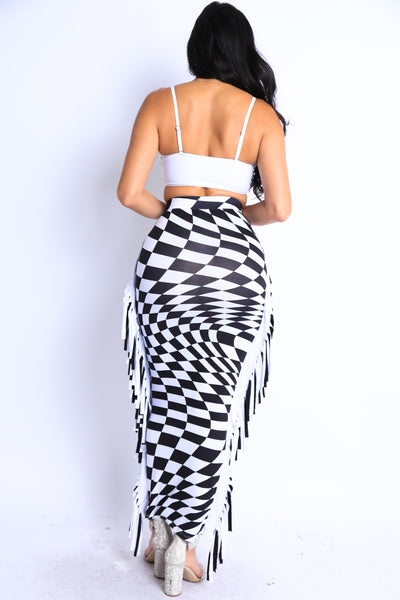 Checkered High Waist Bodycon Maxi Skirt 🖤✨ Fringe Pencil Style