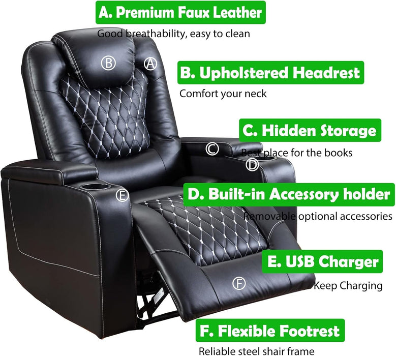Power Recliner Chair Set of 3 – Black Leather with USB Ports & Cup Holders